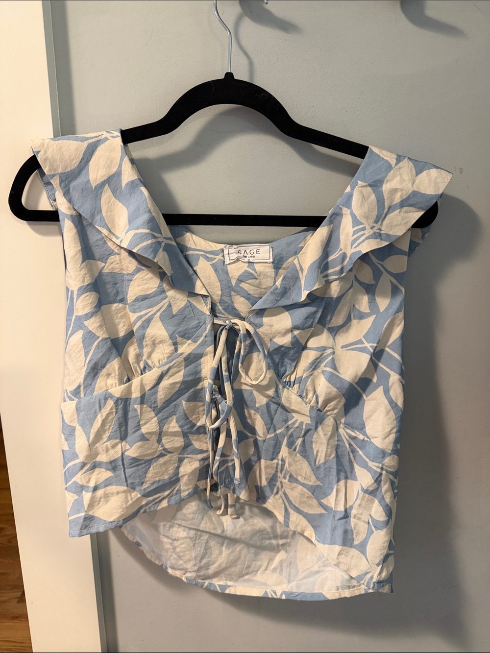 Sage Blue & White Leaf-Print Tie-Front Camisole